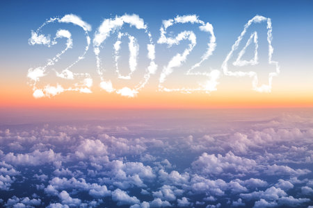 2024 Happy new year concept. Above The Clouds Photo of puffy clouds, sunset shotの写真素材