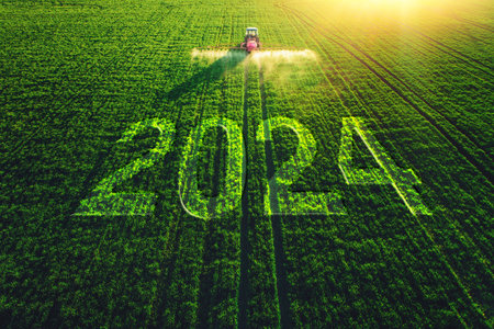 2024Happy New Year concept and Aerial view of farming tractor plowing and spraying on green field.の写真素材