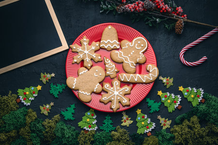 Christmas gingerbread cookies of a man, snowflake, bell, star, tree  concept of a Christmas Eve with...