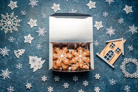 Christmas cookies with icing decoration isolated on white background, holidays winter biscuitsの写真素材