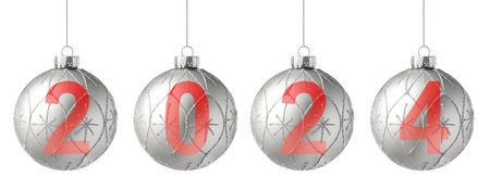 2024 Happy New Year Christmas ball isolated on white background. Red Christmas bauble decoration.の写真素材
