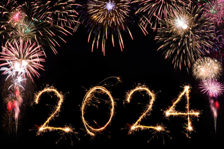 Sparkle firework on black background, happy new year 2024 concept.の写真素材