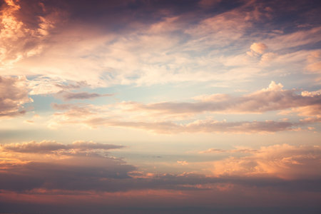 Orange cloudscape and dramatic dreamy sky, sunset clouds skylineの写真素材