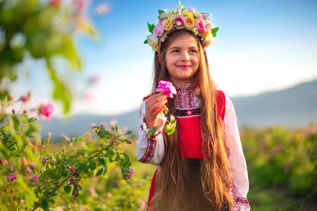 Bulgarian beautiful girl in traditional ethnic folklore dress and aromatic oil roses in blooming field, Kazanlak, Bulgariaの写真素材