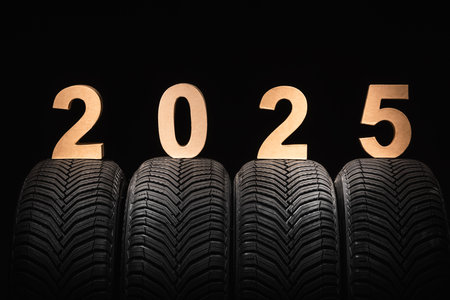 Car tires, winter wheels and text new year 2025 isolated on black background