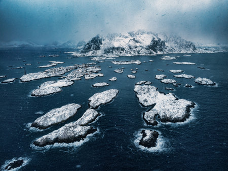 Aerial view over beautiful HenningsvÃ¦r in Lofoten, Norwayの写真素材