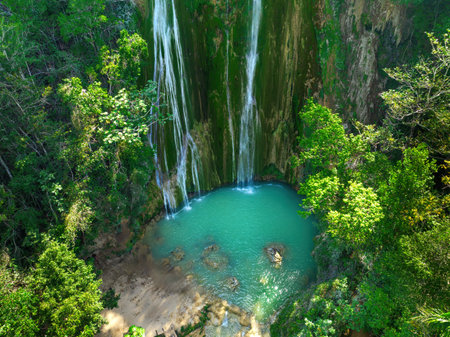 Tropical rainforest and waterfall in the mountan El limon, Samana bay, Dominican Republic, aerial viewの写真素材