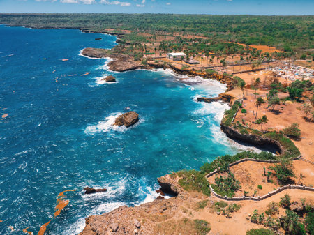 Village Boca de Yuma Caribbean rocky coastline, Dominican Republic, beautiful ocean viewの写真素材