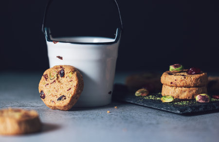 Tasty round homemade healthy biscuit made of oats, butter, nuts and dried fruitsの写真素材