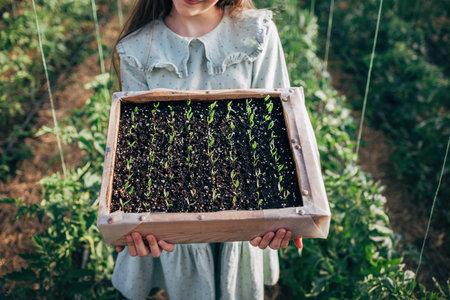 Young gardener girl farmer hold in hands potted plants fresh vegetable pepper seedlings, planting in a greenhouseの写真素材