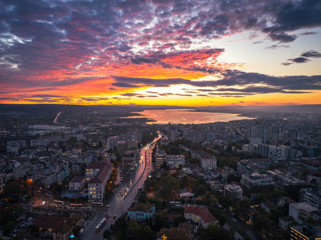 Dramatic sunset over Varna city and Varna lakeの写真素材