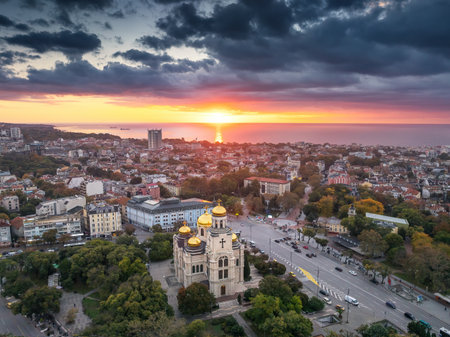 Aerial view of The Cathedral of the Assumption in Varnaの写真素材