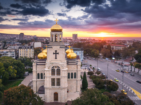 Aerial view of The Cathedral of the Assumption in Varnaの写真素材