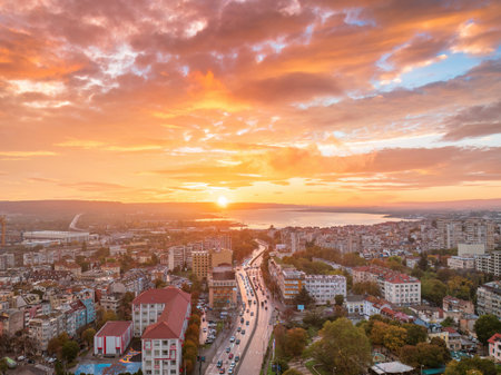Colorful sunset over Varna city and Varna lakeの写真素材