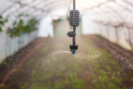 Sprinkler System Overhead Watering Seedlings in Greenhouse for Healthy Crops and Growthの写真素材