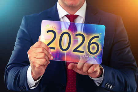 Businessman working with future technology screen, new year 2026 finance concept.の写真素材