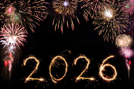 Sparkle firework on black background, happy new year 2026 concept.の写真素材