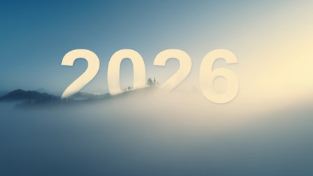 New year 2026 inspirational abstract nature background and foggy horizon of mountain hills and...