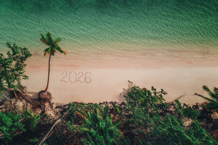 Happy New Year 2026. Aerial view of tropical beach, Dominican Republic.の写真素材