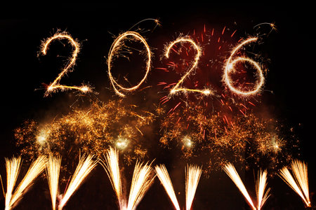 2026 Happy New Year written with Sparkle firework on black background,の写真素材