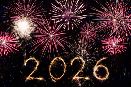 2026 made with sparklers on black backgroundの写真素材