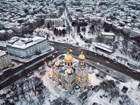 Aerial drone view of The Gold Cathedral of the Assumption in Varna city, Bulgaria aerial view...