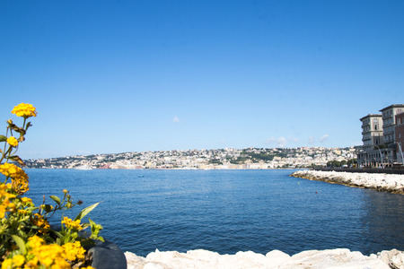 View of the Bay of Naples from the bridge of the Castello del Ovoの写真素材