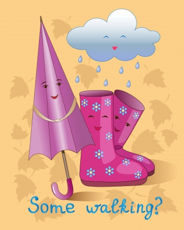An umbrella and rubber boots are components of autumn walkingのイラスト素材