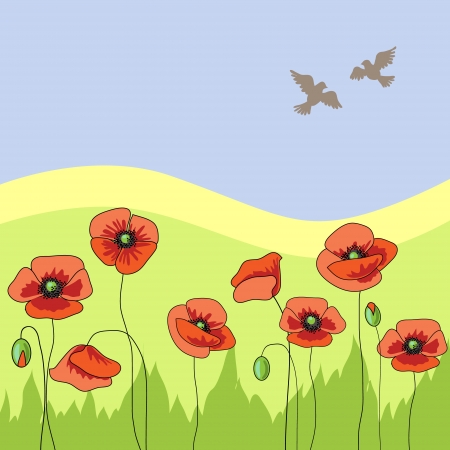 red poppies grow on the fieldのイラスト素材
