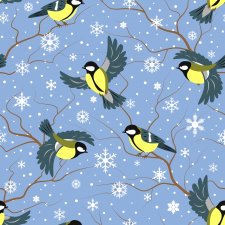 Seamless texture with  snowflakes  and tits on branchesのイラスト素材