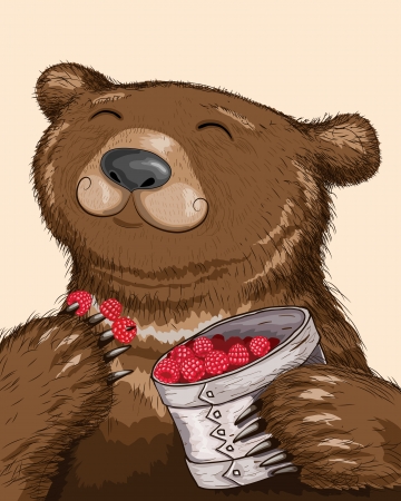 Funny bear eating raspberries from basket.のイラスト素材