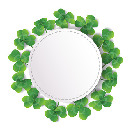 White round label decorated with fresh green leaves on white background.のイラスト素材