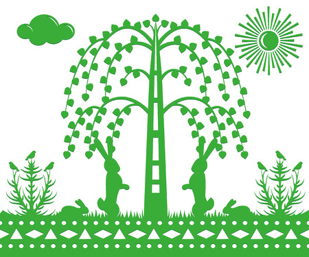 Birch tree, bushes, hares on grass.のイラスト素材