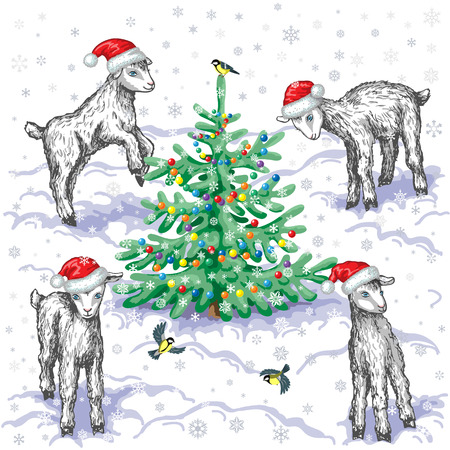 Young goats, flying titmouse  and  Christmas tree decorated with colorful balls on  snowflakes background.のイラスト素材