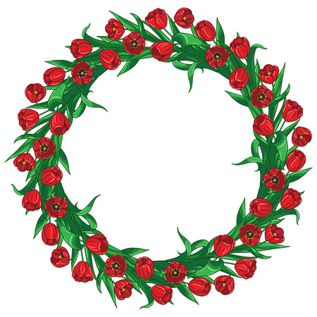 Wreath of  red tulips and green leaves.のイラスト素材