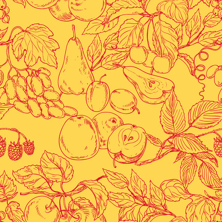 Seamless pattern with red outline of fruit on orange background.のイラスト素材