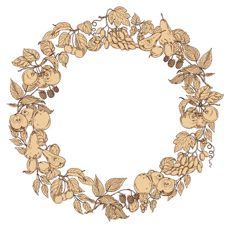 Round beige frame with outline of fruits.のイラスト素材