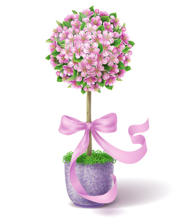 Small spring tree with  pink flowers  and ribbon in violet pot.のイラスト素材
