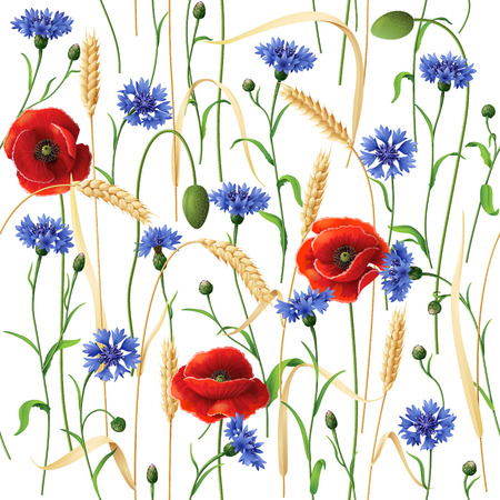Seamless pattern with blue cornflowers, red poppies and wheat ears  on white.のイラスト素材