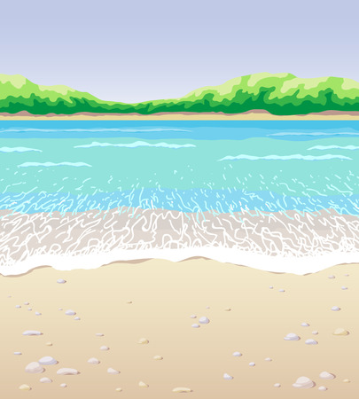 Seascape the beach, waves, pebble, sand, and  distant trees.のイラスト素材