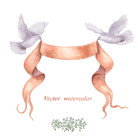 Watercolor pair of flying birds,  ribbon banner and bunch of flowers  isolated on white background.のイラスト素材