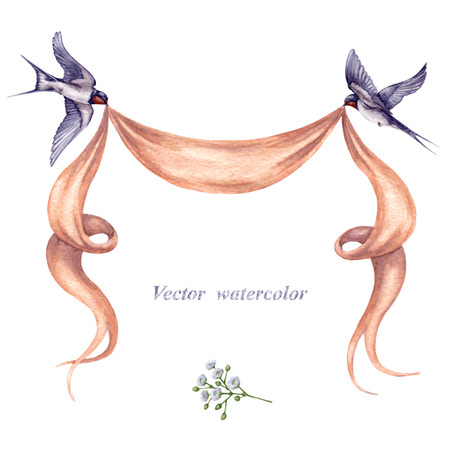 Watercolor pair of flying birds,  ribbon banner and bunch of flowers  isolated on white background.のイラスト素材
