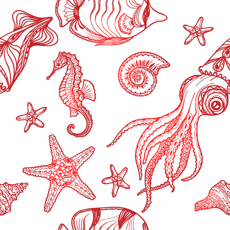 Underwater life pattern. Shells, starfish, seahorse, fish and  squid on white. Seamless texture.のイラスト素材
