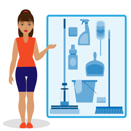 Girl showing a set of simple tools for cleaning a room.のイラスト素材