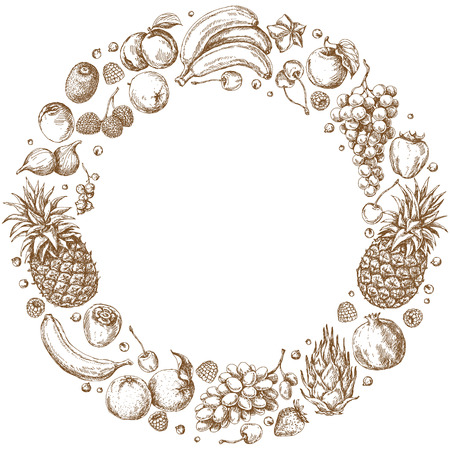 Round frame of different fruits. Hand drawn sketch various of fruits and berries.のイラスト素材