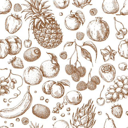 The pattern with different fruits. Hand drawn sketch various of fruits and berries. Seamless texture.のイラスト素材