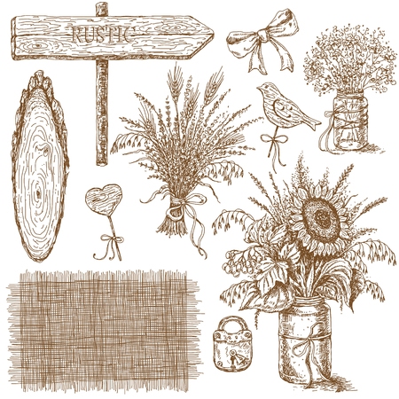 Hand drawn sketch of set of various bouquets and things which associate with rustic style. The image can be used as an illustration for rustic wedding design.のイラスト素材