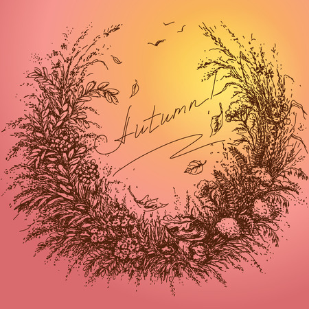 Hand drawn floral frame of plants which associate with autumn.  Sketch of flowers, dried herbs   and falling leaves on colored background. Expression inscription autumn is in the center of image.のイラスト素材