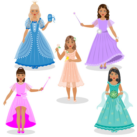 Little girls as cute fairies and princesses in colored dresses isolated on white background.のイラスト素材