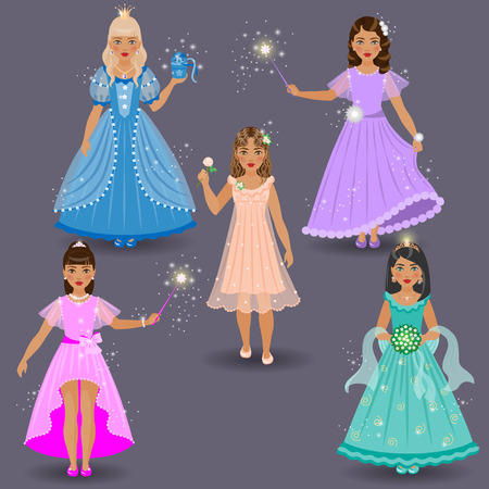 Little cute fairies and princesses in colored dresses on grey background.のイラスト素材